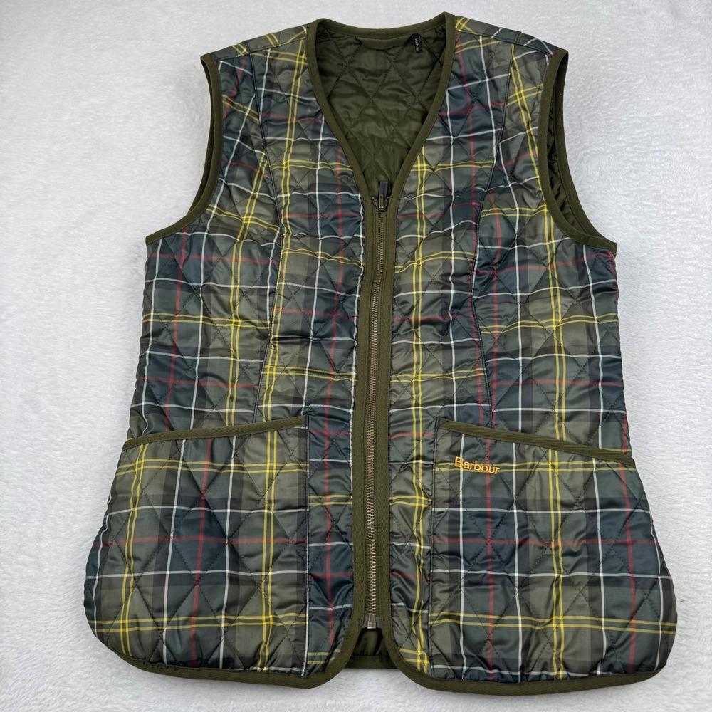 Barbour Tartan Betty Quilted Vest Womens Size 6 Olive Green Plaid Gilet LQU0327